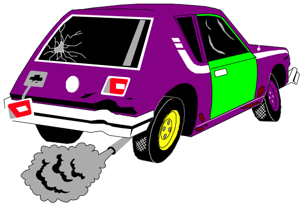 The image shows a purple car with yellow wheels driving on an unseen road next to some smoke coming from its back tires.