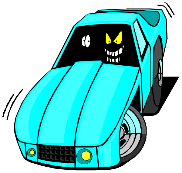 The cartoon depicts a blue car with an exaggeratedly large wheelbase driving on what appears to be a road at nighttime; there is no visible text in this image.