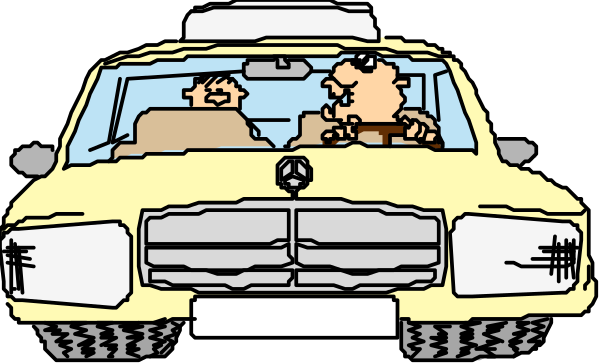 The image shows a yellow taxi with two passengers sitting inside it; there's also an animal resembling a dog in front of them on the dashboard.