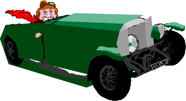 The image shows a cartoon of an old green car with two wheels visible on its left side parked next to it is a person in red standing beside another vehicle that appears damaged; both characters seem surprised by something off-frame, possibly related to their vehicles' condition or situation.