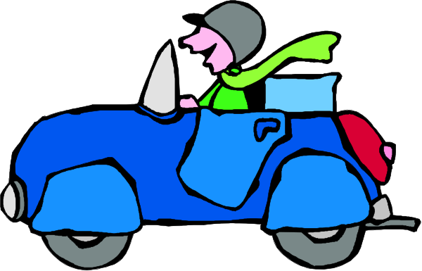 The image shows a cartoon of an old blue car with two wheels visible on either side, being driven by someone wearing a helmet who appears to be in motion; there is also another person standing next to it holding what looks like boxes and packages that seem ready for delivery or transporting items.