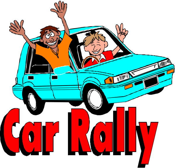 The image features a cartoon of two animated characters waving from inside an old blue car with red taillights against a black background; above them is text that reads "CAR RALLY" in bold white letters, and below it there's another line of smaller print saying "GOT CART."