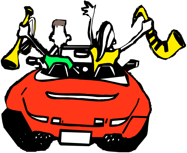 The black and white illustration shows a red car with two cartoon characters inside: an adult driving on what appears to be a highway at nighttime.