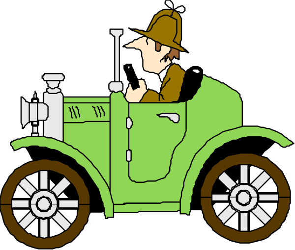 The cartoon shows a man driving an old green car with white wheels; he is wearing a brown hat and coat, holding binoculars to his eyes as if observing something in front of him on what appears to be a road at nighttime.