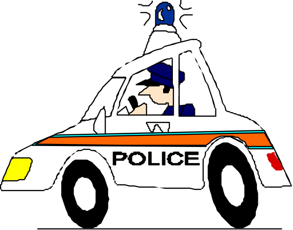 The black and white cartoon shows a police car with an officer inside driving on what appears to be city streets at nighttime.