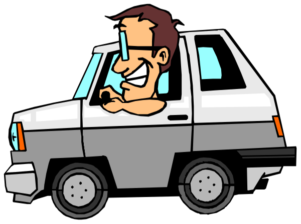 The cartoon shows a man driving an old car with his hand on the steering wheel; he is wearing glasses and has dark hair.