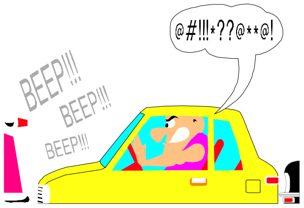 The cartoon shows a yellow car with an open door at night on what appears to be a city street. Inside is a character who looks like Homer Simpson from "The Simpsons," sitting in the driver's seat, holding up his middle finger and yelling obscenities out of frustration or anger towards something outside the frame that has caused him distress. The car window shows an image of another yellow vehicle with its headlights on behind a gas station sign, suggesting it is approaching from afar.
