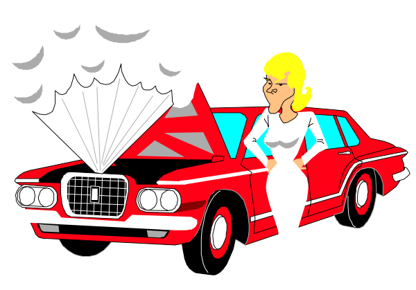The cartoon depicts a woman standing next to an old red car with its hood up; she is wearing white clothing and has blonde hair styled in bangs. Above her head floats a large cloud-like object, possibly representing pollution or smog.