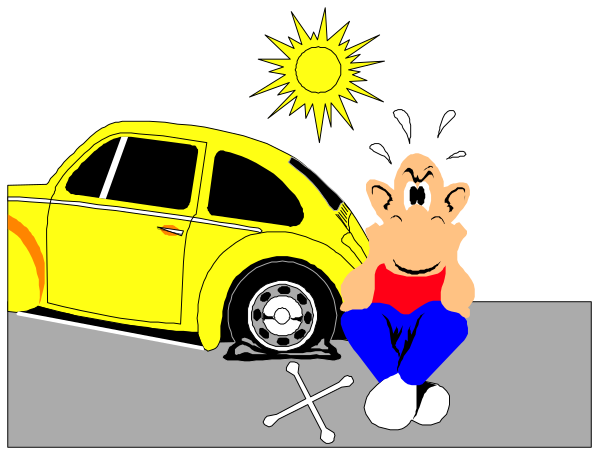 The image shows a cartoon of an animated character sitting on top of a yellow Volkswagen beetle car with its hood open in front of it under what appears to be sunlight at sunset.