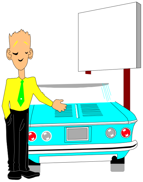 The illustration shows a man standing next to an old blue car with white trim on its hood; he is wearing black pants and has short hair, pointing towards something outside of frame while smiling slightly at it.