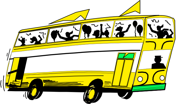 The black and white illustration shows a yellow bus with various stickers on its windows depicting different scenes of travel; it's driving down an empty road at night under clear skies.