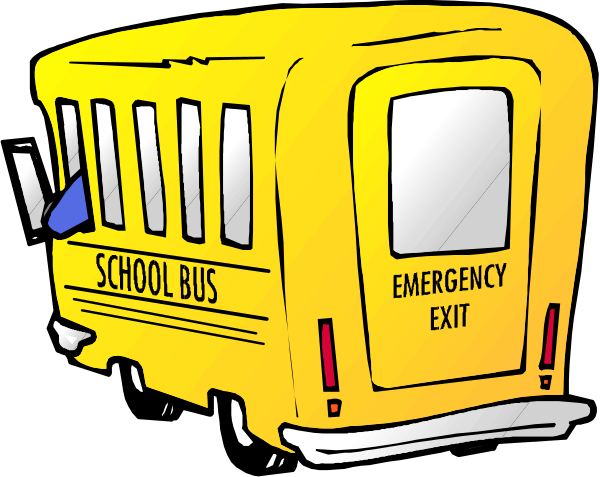 The illustration shows a yellow school bus with an emergency exit sign on its side parked next to what appears to be a roadway at nighttime.