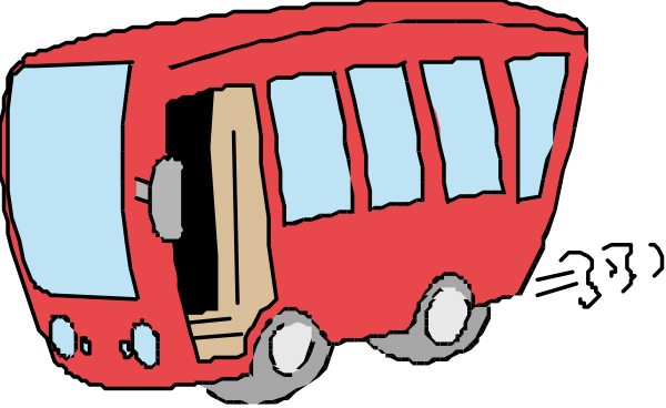 The image shows two red buses with open doors facing each other against a black background; there is no text present within this small clip-art illustration.