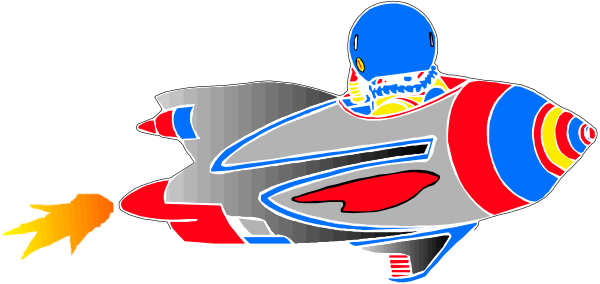 The image shows a cartoon of an astronaut inside a rocket ship with flames at its back flying through space against a dark background.
