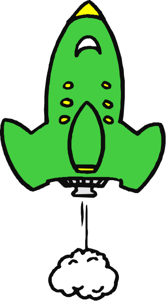 The image shows a cartoon of an alien with two eyes on its head wearing green clothing holding up a finger to represent number one while standing next to a rocket ship that is also colored in shades of blue and yellow, all set against a black background.