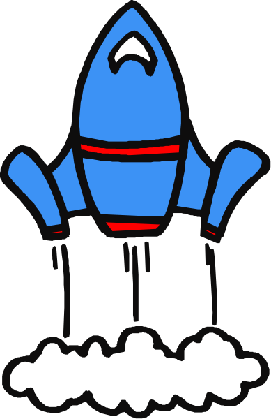 The image shows a cartoon of an astronaut inside a rocket ship with clouds around it against a black background.