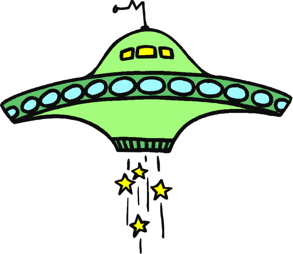 The image shows a cartoon depiction of an alien spacecraft with windows on its side flying through outer space against a black background.