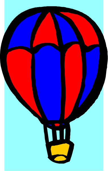 The image shows a colorful hot air balloon with red stripes on its side against a blue sky background.