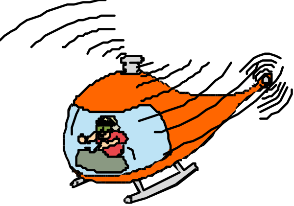 The image shows a cartoon helicopter with an open door flying through the air against a black background; there is no visible text in this clip-art illustration.