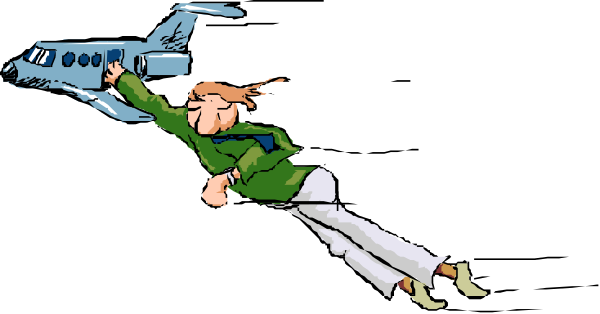 The image shows a cartoon of an animated character running towards an airplane with its door open while holding onto it as if trying to board quickly before takeoff.
