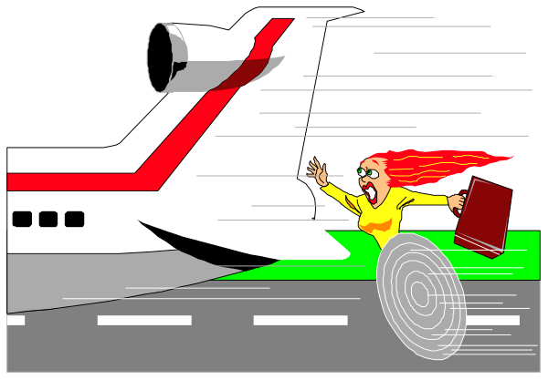 The cartoon depicts a woman with red hair running towards an airplane on a runway at night while holding her luggage in one hand; she is wearing yellow clothing.