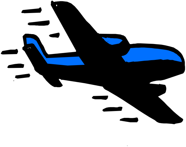 The image shows a black silhouette of an airplane flying against a dark background with blue highlights on its wings.