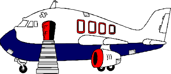 The image shows a cartoon of an airplane with its door open on what appears to be a runway at nighttime.