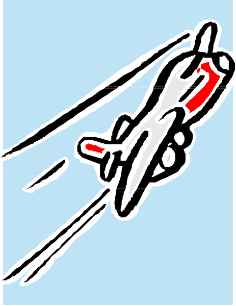 The image shows a black and white line drawing of an airplane flying through what appears to be blue sky with clouds around it.