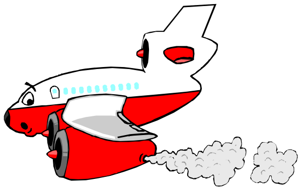 The cartoon shows a red airplane with smoke coming out of its back flying over an airport runway where there is another plane on the ground in front of it; below them both, two cars appear to be driving away from each other under the planes' paths.