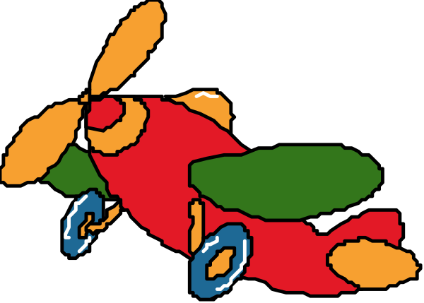 The image shows a red airplane with blue propellers flying over an unseen landscape.