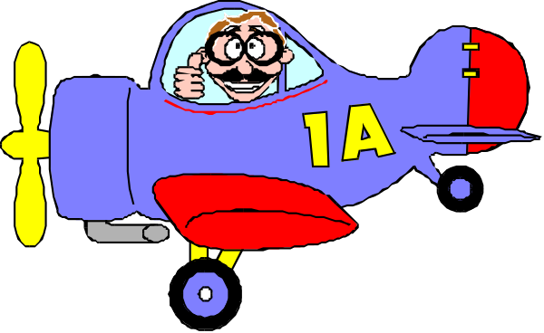 The cartoon depicts a blue airplane with red trim flying through an open sky background featuring clouds; inside is a pilot wearing goggles who appears to be in mid-flight overlooking land below, and there's text on the plane that reads "1A."