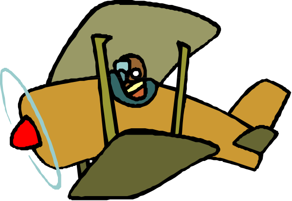 The image shows a cartoon of an airplane with propellers flying through what appears to be night sky against a dark background; there is no text present in this small clip-art illustration.