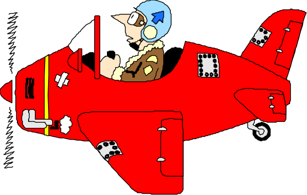 The image shows a red airplane with an illustration of a pilot inside it flying through what appears to be clouds against a black background.
