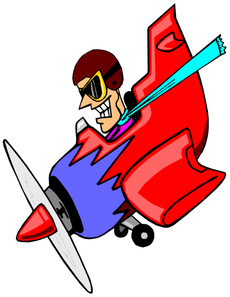 The cartoon shows a red car with wings that has crashed into an airplane propeller on top of it; there is no text present in this image.