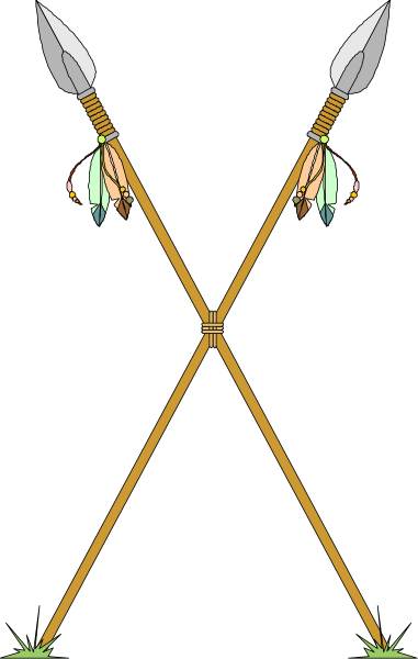 The image shows a graphic of two crossed arrows with feathers on top against a black background.
