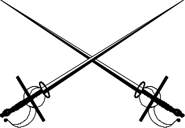 The image shows a black cat with two crossed swords behind it against a dark background.