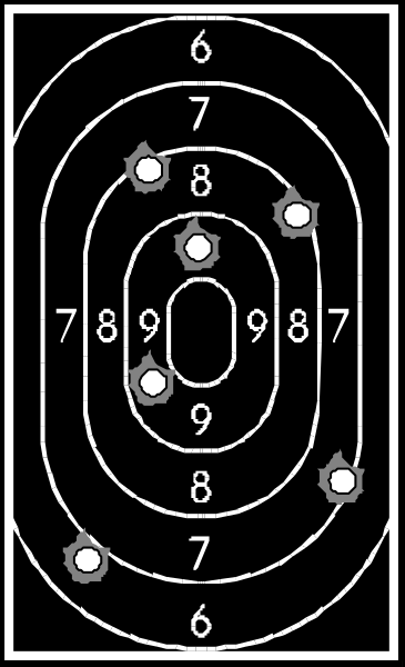 The image shows a target with concentric circles containing numbers from 1 to 9 at various distances around its center; it is overlaid on another picture that appears to be of an oval-shaped object, possibly related to shooting sports given the context provided by the text "Sighting in" and "Target." The background image has a darker tone with what seems like stars or lights.