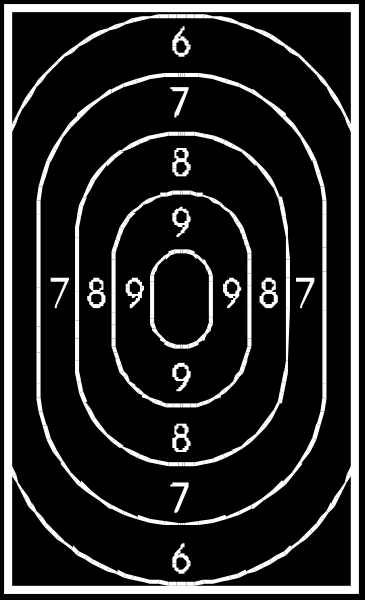 The black and white image shows a target with concentric circles containing numbers from 1 to 9 at various distances around its center; it is set against an indistinct background that appears blurred due to motion, giving no additional context about setting or objects present in this clip-art style illustration. There are no people, animals, actions depicted herein. The main focus of the image is on the target and numbers within each circle representing distance from center.