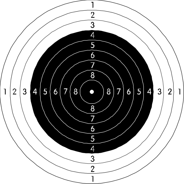 The image shows a target with concentric circles containing numbers from 1 to 8 at various distances around its center; there is also an arrow pointing towards number six on one of these rings. This appears to be some kind of dartboard-like diagram, possibly for navigation or aiming purposes. There are no people, animals, actions, or a specific setting depicted in this image. The focus here seems solely on the target and its numerical arrangement within it.
