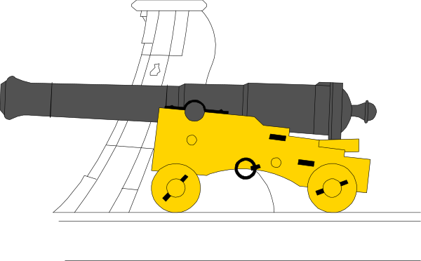 The image shows a yellow cannon with wheels on top of it against a black background.