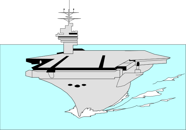 The image shows a black and white illustration of an aircraft carrier with various elements such as helicopters on its deck, hangar bay doors open, flight control tower in background, and surrounding ocean water.