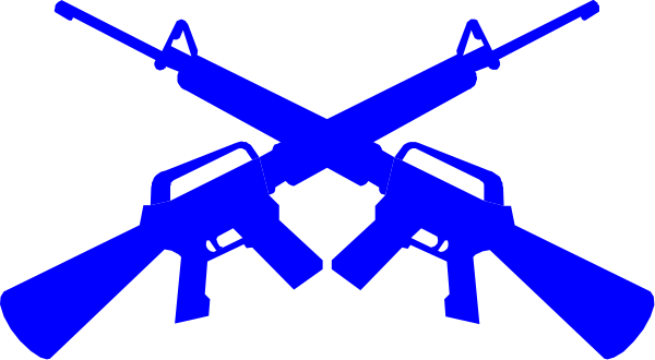 The image shows a graphic of three guns crossed over each other with two rifles on top and an automatic rifle below them against a blue background.