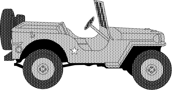 The black and white photo shows a jeep with four wheels parked on what appears to be an offroad terrain at nighttime.