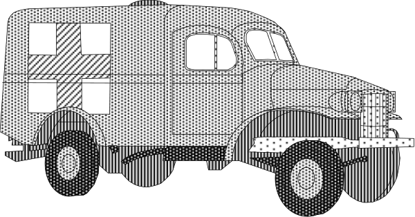 The black and white illustration shows a vintage truck with an open cab door parked on what appears to be grassy terrain under clear skies.