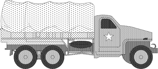The black and white photo shows a large truck with multiple trailers parked on what appears to be an asphalt surface in front of some buildings that resemble warehouses.