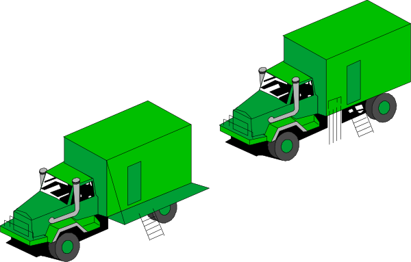 The image shows three green toy trucks on a black background with no other visible elements.