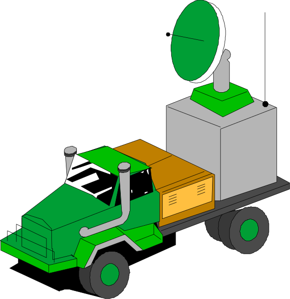 The image shows a cartoon of an old truck with various equipment on top, including what appears to be satellite dishes and other scientific instruments, suggesting it might represent some sort of mobile research station from decades past.