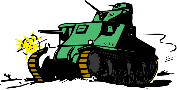The image shows a green tank with white lettering on it firing an artillery shell at another object that is partially visible to its right side of frame; there's no text present in this clip-art illustration, and all objects depicted here appear static without any actions taking place between them or their surroundings.