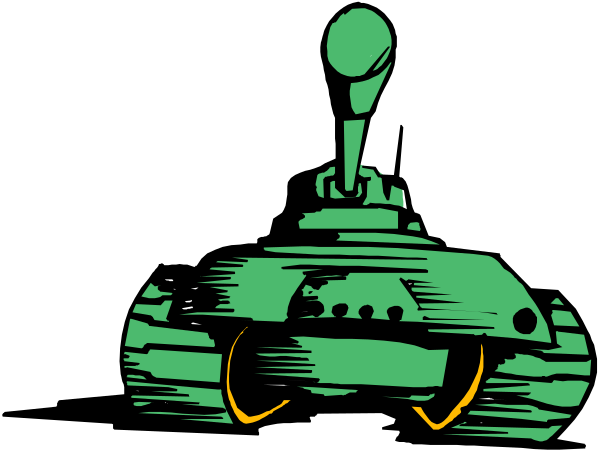 The black and white illustration shows a tank with its turret raised against an unseen enemy.