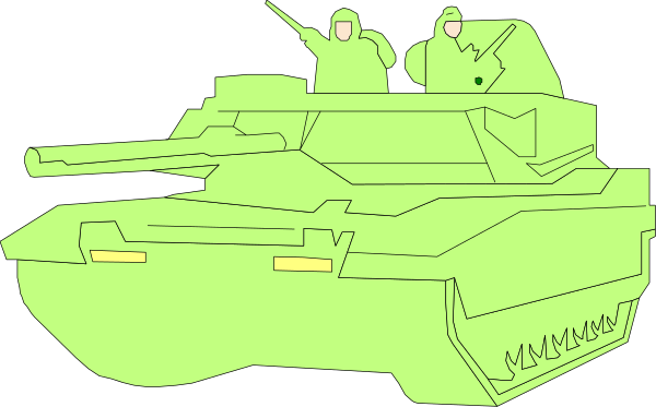 The image shows a green tank with two soldiers inside it on top of what appears to be an urban environment at nighttime.